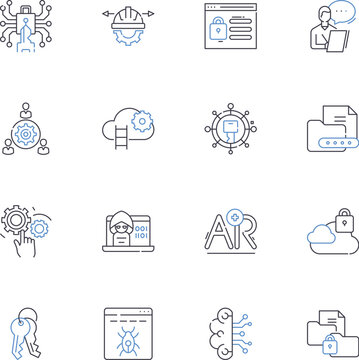 Mainframe line icons collection. Legacy, Power, Security, Reliability, Efficiency, Scalability, Robustness vector and linear illustration. Complexity,Maintenance,Batch outline signs set