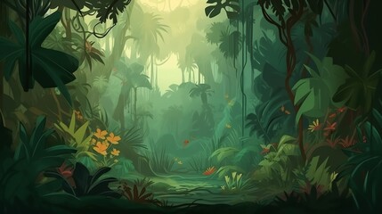 A tropical rainforest background with a variety of exotic plants and flowers.
