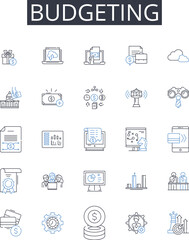 Budgeting line icons collection. Accounting, Financing, Saving, Economizing, Restricting, Thriftiness, Frugality vector and linear illustration. Cutting back,Bargaining,Pinching pennies outline signs