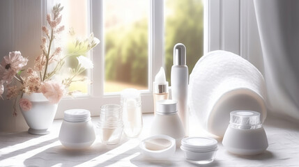 A beautiful group of skin care and beauty product bottles that are blank and ready for text or your label. Generative AI. 