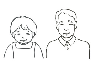 筆ペンで描いた仲の良い老夫婦の上半身の線画イラスト