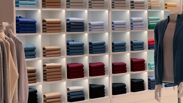 Pastel-colored wool knitwear - sweaters, pullovers, turtlenecks on clothing store shelves