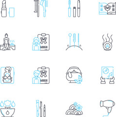 Day spa linear icons set. Relaxation, Indulgence, Serenity, Pampering, Rejuvenation, Tranquility, Bliss line vector and concept signs. Escape,Wellness,Renewal outline illustrations
