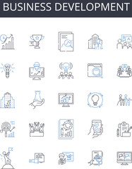 Business development line icons collection. Marketing strategy, Product management, Human resources, Sales technique, Financial management, Customer service, Brand awareness vector and linear