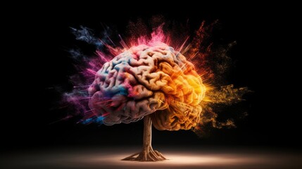Concept art of a human brain exploding with knowledge and creativity. Brain tree. Generative AI