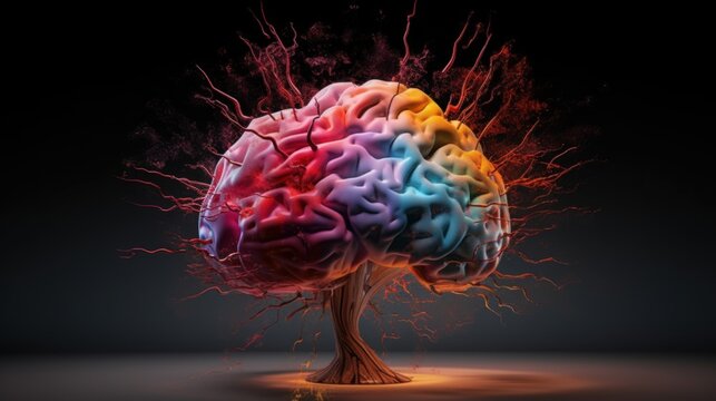 Concept art of a human brain exploding with knowledge and creativity. Brain tree. Generative AI