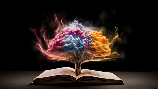Concept art of a human brain exploding with knowledge and creativity from inside book. Brain tree. Generative AI