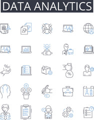 Data Analytics line icons collection. Business Intelligence, Information Management, Knowledge Discovery, Customer Insights, Market Research, Performance Metrics, Predictive Modeling vector and linear