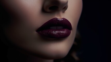 A close up of beautiful female lips with plum lipstick. Generative AI. 