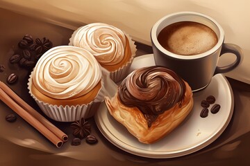 Obraz na płótnie Canvas Coffee, chocolate eclair, cinnamon bun and cupcakes illustration. Generative AI