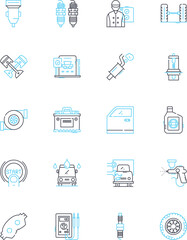 Car Care linear icons set. Detailing, Wash, Wax, Polish, Tires, Engine, Oil line vector and concept signs. Transmission,Brakes,Battery outline illustrations
