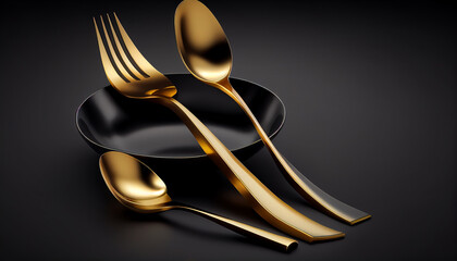 Golden cutlery and textile placed on a plate on a dark background, Generative AI
