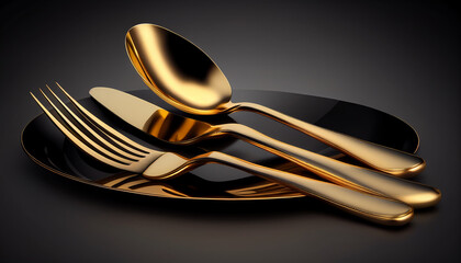 Golden cutlery and textile placed on a plate on a dark background, Generative AI