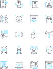 Brand awareness linear icons set. Recognition, Exposure, Visibility, Recall, Attention, Familiarity, Perception line vector and concept signs. Image,Profile,Reputation outline illustrations