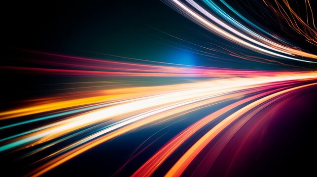 Abstract long exposure dynamic speed light trails background. Generative AI