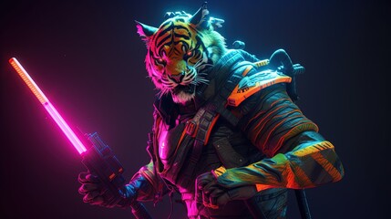 Obraz na płótnie Canvas tiger neonpunk, digital art illustration, Generative AI