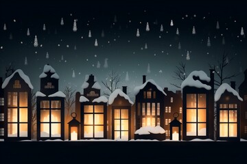 Fototapeta na wymiar christmas lanterns on window of silhouette merry houses in snow, created with generative ai