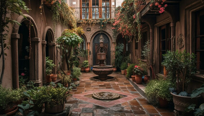 Fototapeta na wymiar Tranquil courtyard, adorned with nature decoration generated by AI