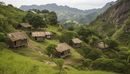 Fototapeta na wymiar Rustic hut amidst green rice paddy field generated by AI