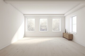 Fototapeta na wymiar A spacious, bright, minimalist room with a blank frame for a painting. Ai generated. Generative AI