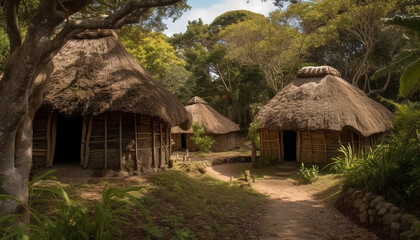 Fototapeta na wymiar Old thatched roof cottage in African landscape generated by AI
