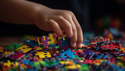 Colorful puzzle piece completes childhood fun generated by AI