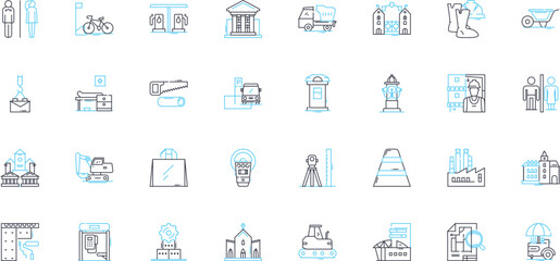 Skyscrapers linear icons set. Towering, Architectural, Urban, Majestic, Iconic, Futuristic, Skyline line vector and concept signs. Height,Glass,Concrete outline illustrations