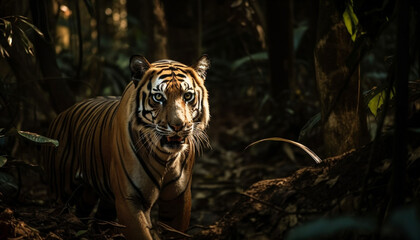 Majestic Bengal Tiger walking in tropical wilderness generated by AI