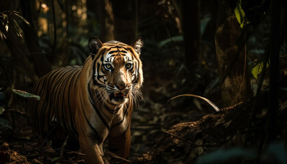 Fototapeta premium Majestic Bengal Tiger walking in tropical wilderness generated by AI