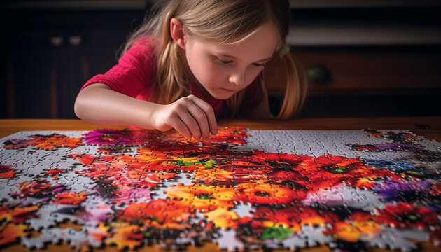 Cute girls playing colorful puzzle on home flooring generated by AI