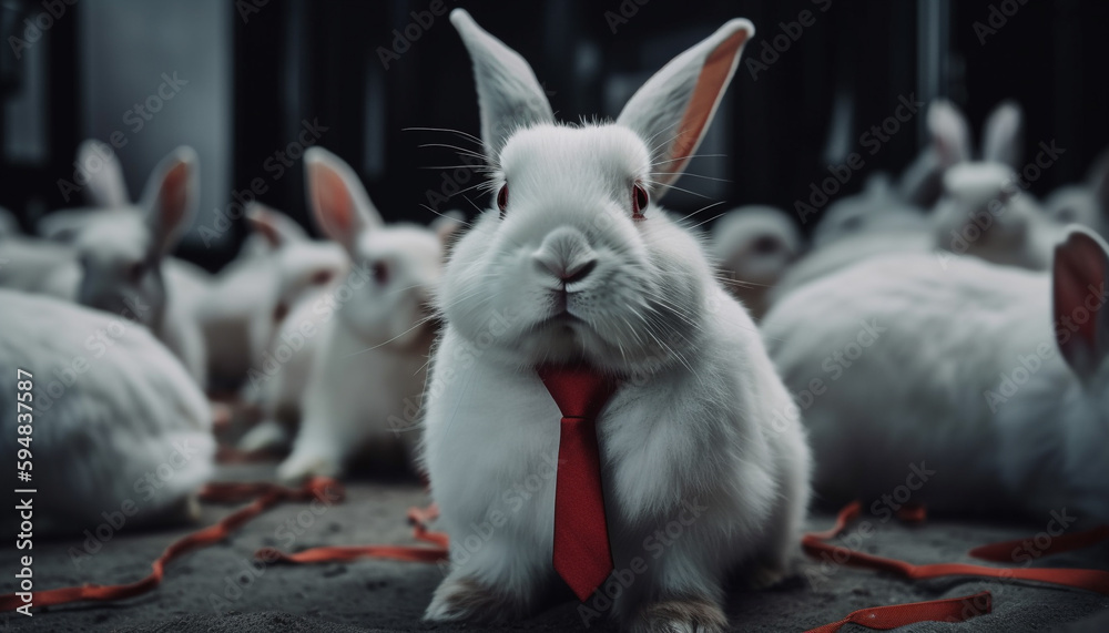 Poster fluffy baby rabbit looks at easter decoration generated by ai