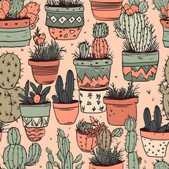 cute hand-drawn seamless pattern with cactus, illustration background 