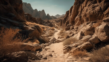 Obraz premium Majestic mountain range reveals tranquil sunset beauty generated by AI