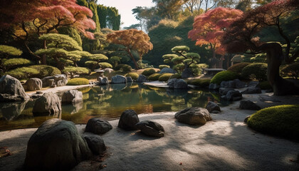 Fototapeta premium Tranquil scene of autumn pond in forest generated by AI
