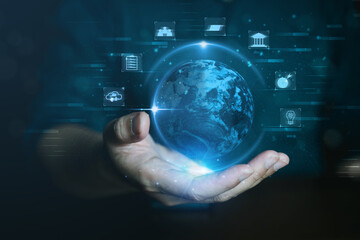 Global Technology concept, Data and business connection, Data base online on server, Access to information via wireless internet, global data connectivity, communication technology and business. 