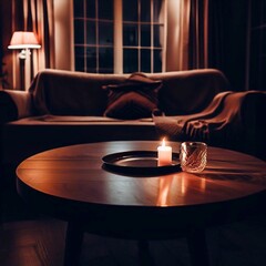 cozy room with sofa and a candle on table at night