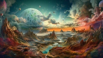 Fototapeta na wymiar Beautiful view from an extraterrestrial fantastical planet with swirling clouds and colorful landscapes. Generative AI