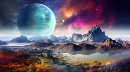 Obraz na płótnie Canvas Beautiful view from an extraterrestrial fantastical planet with swirling clouds and colorful landscapes. Generative AI