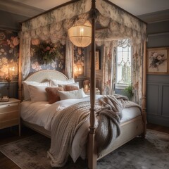 A romantic Cottagecore bedroom with a luxurious four-poster bed adorned with lace and floral bedding, vintage lighting, and a statement piece of art hanging above the headboard, generative ai