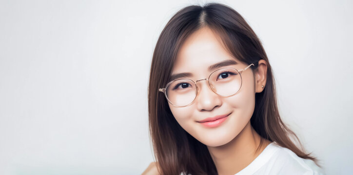 a beautiful girl wearing glasses against a white background. Her pretty face, charming smile, and captivating gaze make this high-quality image perfect for a variety of uses. generative AI