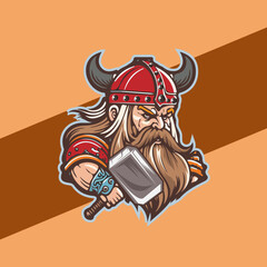 Viking man with Helmet, Axes, Armor illustration, esports mascot, gaming logo template..Hand-drawn illustration for mascot sport logo badge label sign poster emblem patch t-shirt printing.