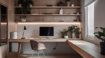 Fototapeta na wymiar Sleek and Sophisticated: A Modern Premium Minimalist Home Office, AI Generative