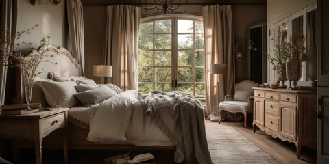 A cozy French Country Bedroom featuring antique distressed wooden furniture and linen textures on bedding and curtains, generative ai