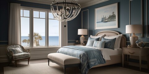A Nautical-Inspired Bedroom with Coastal-Themed Textiles and Marine-Inspired Ceramic Decor, accentuated by a Seashell-Inspired Chandelier, generative ai