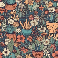 cute hand-drawn seamless pattern with cactus, illustration background 
