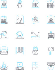 Home retailer linear icons set. Furniture, Decor, Appliances, Lighting, Linens, Kitchenware, Garden line vector and concept signs. Bedding,Curtains,Cushions outline illustrations