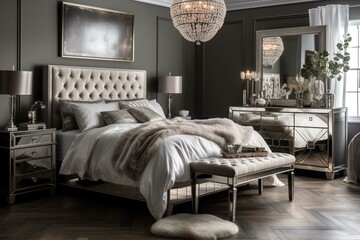 A glamorous Bedroom that combines mirrored furniture with crystal accents for a contemporary look, generative ai