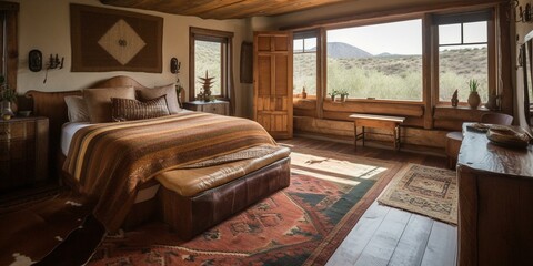 A spacious Southwestern Bedroom with a large leather bench at the foot of the bed and a rustic wood dresser, generative ai