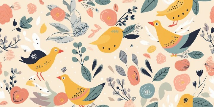 seamless pattern with birds.Vector illustration of a seamless floral pattern with cute birds in spring for Wedding, anniversary,
