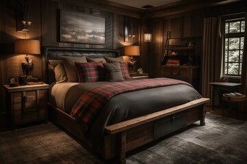 A Rustic Lodge bedroom that seamlessly blends traditional and modern elements, with a sleek leather platform bed and rustic plaid accents throughout, generative ai